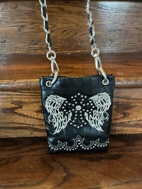 Black Embellished Crossbody with Silver Wing concert  Embroidery goth biker bag